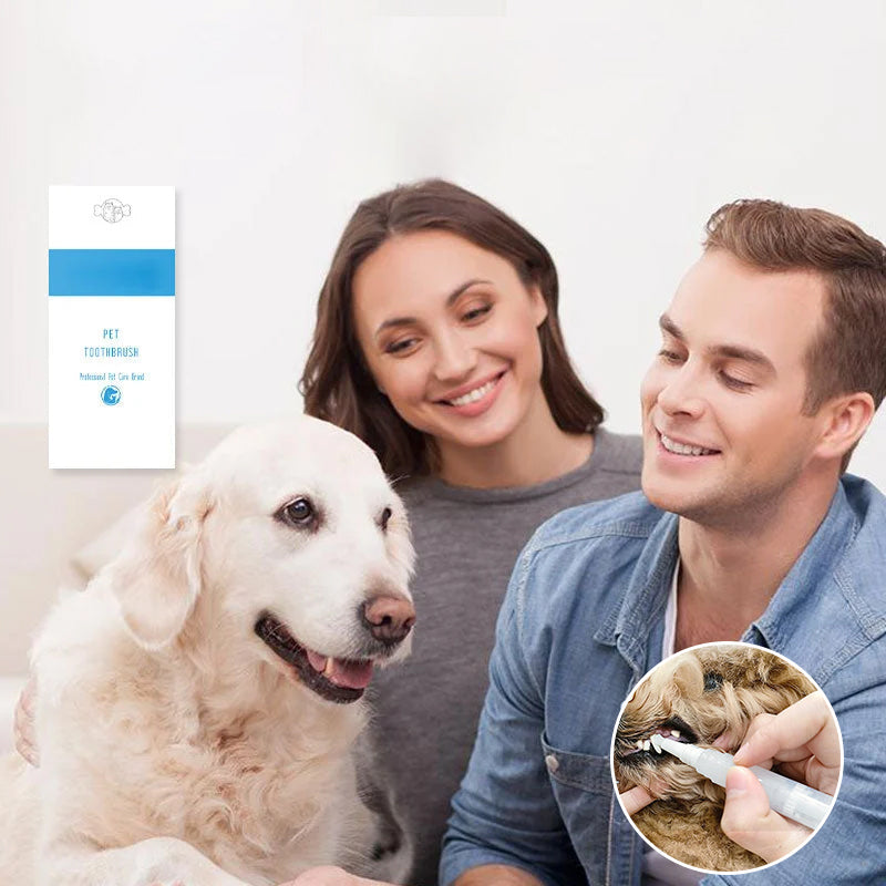 Packaging of the pet toothbrush pen, emphasizing 'fresh breath' and 'oral health' benefits.