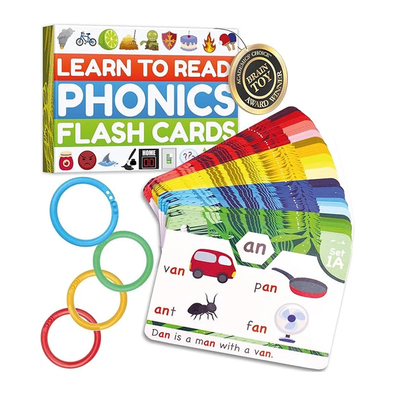 Phonics flashcards set for early reading, showing colorful letters and illustrations for kindergarten & 1st grade.