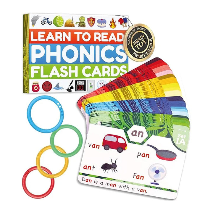 Phonics flashcards set for early reading, showing colorful letters and illustrations for kindergarten & 1st grade.