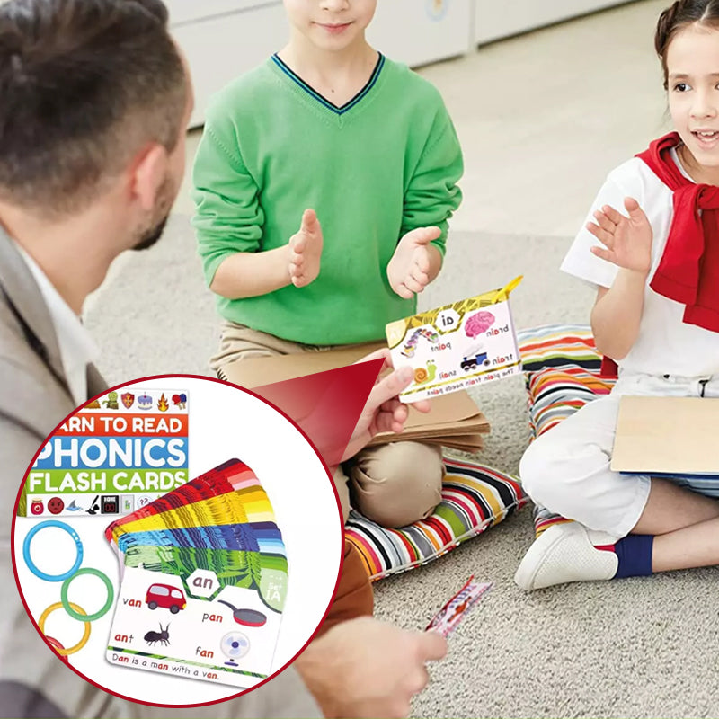Teacher guiding a child with phonics flashcards, an effective tool for early literacy and language skills.