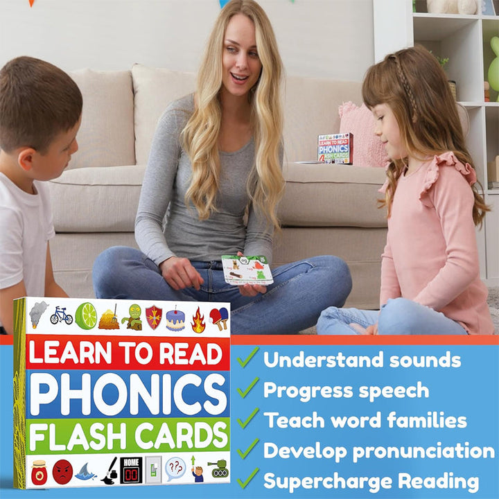 Educational phonics flashcards spread out, featuring vibrant images and letters for young learners.