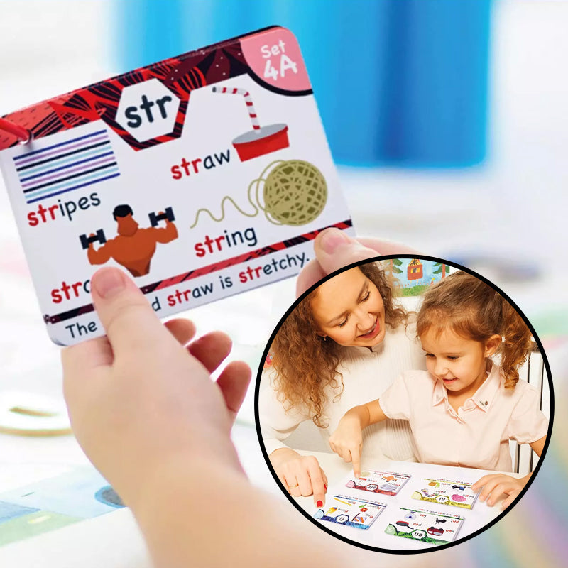 Kids using phonics flashcards to learn letter sounds, a great educational toy for early readers.