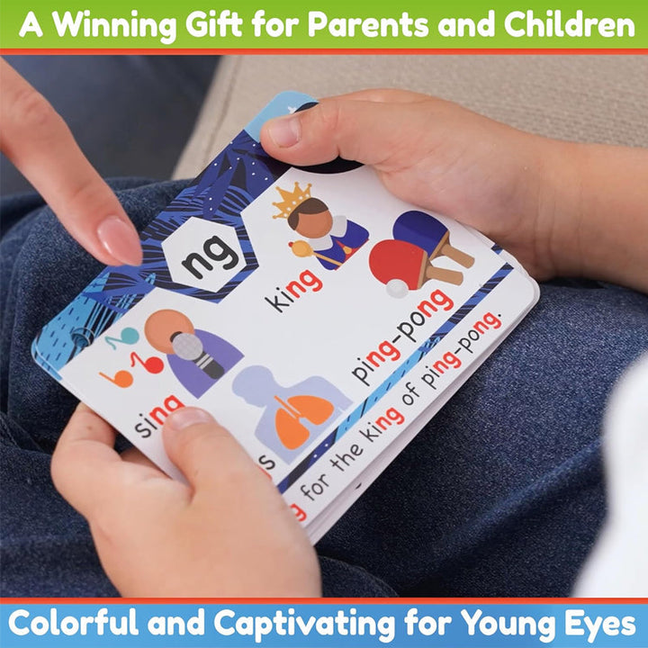 Colorful box of phonics flashcards for early reading, a perfect learning gift for kindergarten students.