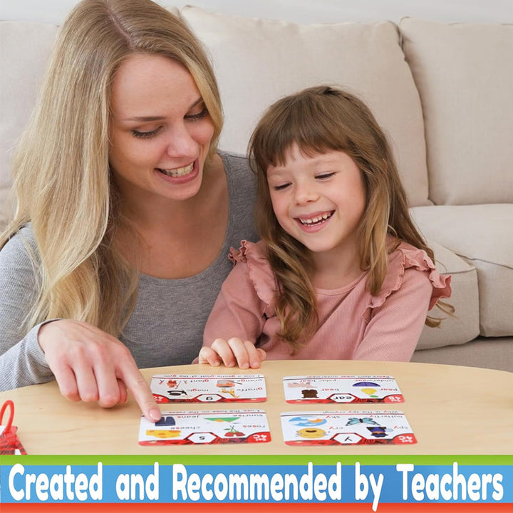 Stack of early reading phonics flashcards, showcasing their durable, child-friendly design for learning.