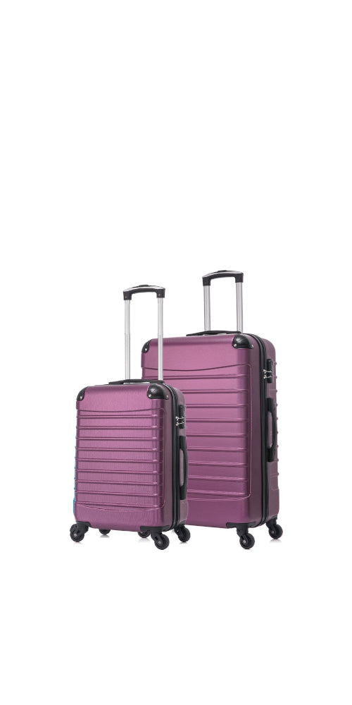 Pink 2-piece hard shell luggage set with spinner wheels, perfect for organized travel and vacation trips.