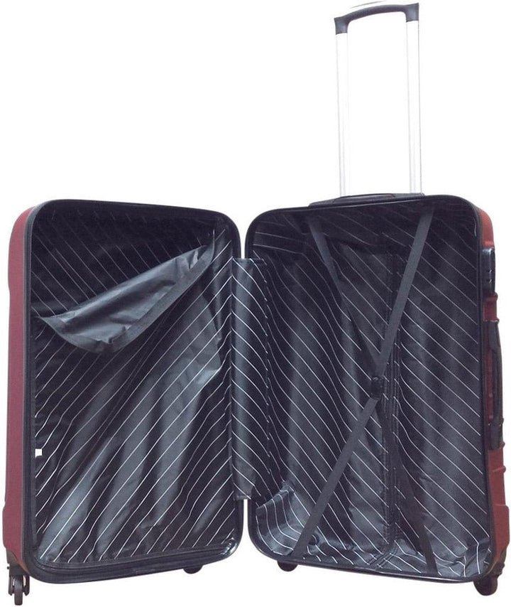 Organized travel with this pink 2-piece hard shell luggage set. Includes a carry-on and larger checked suitcase.