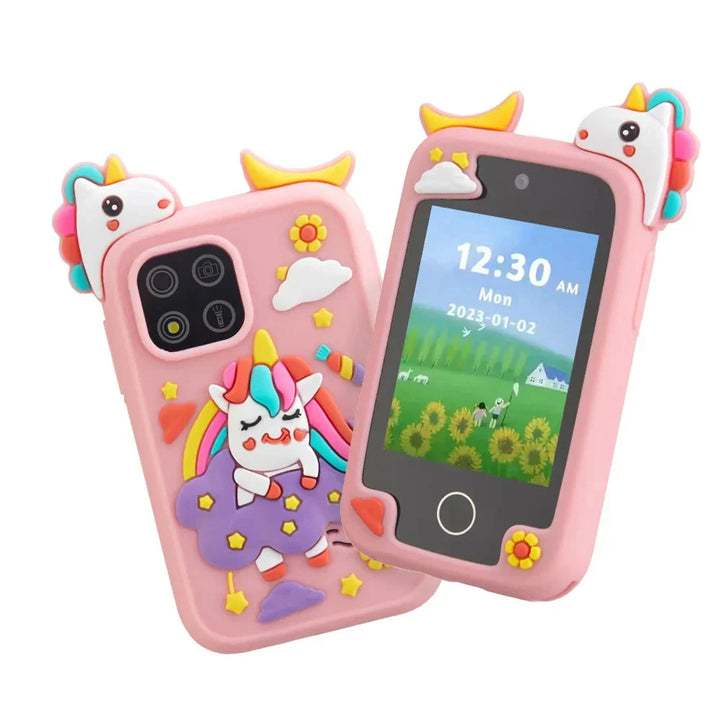 Pink cartoon style interactive toy phone for kids, PlayoraPhone, ideal for pretend play & learning fun.