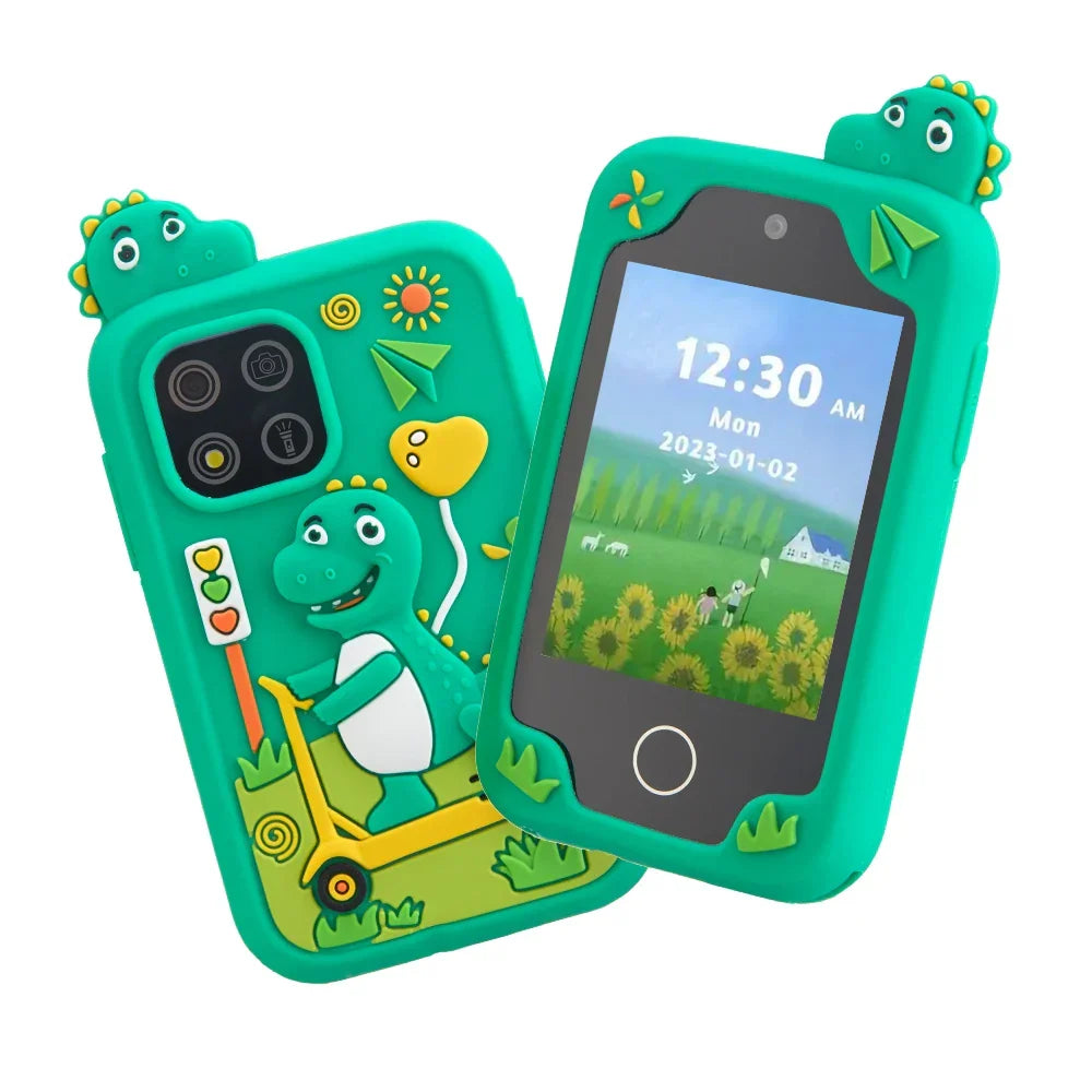 Bright cartoon style PlayoraPhone for kids, an interactive toy phone with big buttons for toddler learning fun.