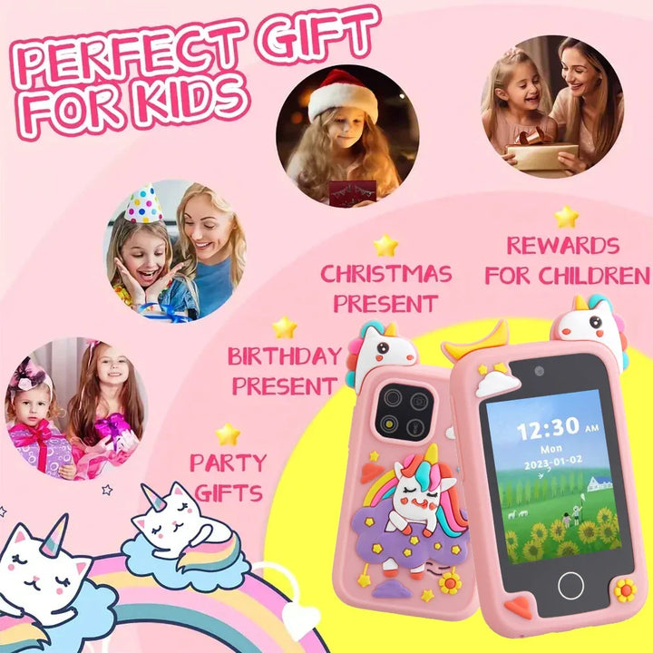 Kids' cartoon style PlayoraPhone, an interactive toy phone in pink for fun pretend play and early learning.