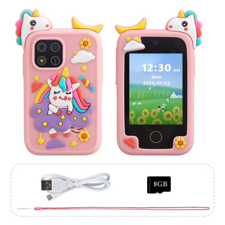 Front view of the pink PlayoraPhone, a cartoon interactive toy phone with large buttons for kids' learning.
