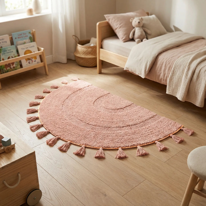 Statement pink half circle rug with unique wave pattern & decorative tassels, great for entryways & nurseries.