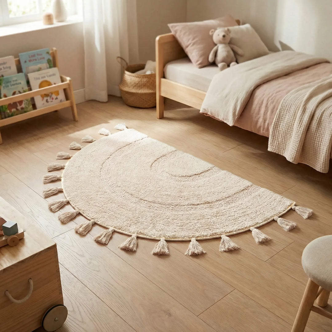 Washable half circle pink rug for entryways, featuring playful tassels and a non-slip design for safety.
