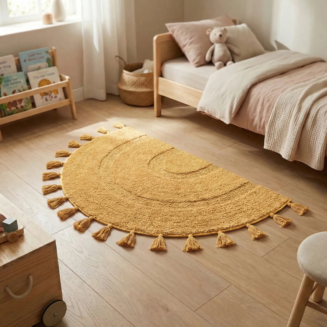 Chic half circle pink tassel rug with subtle wave details, adding a stylish touch to any nursery or entryway.