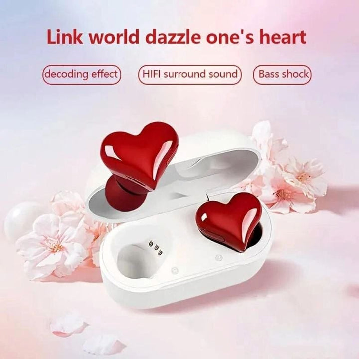 Red heart wireless earbuds, modern Bluetooth audio accessory, perfect tech gift for her