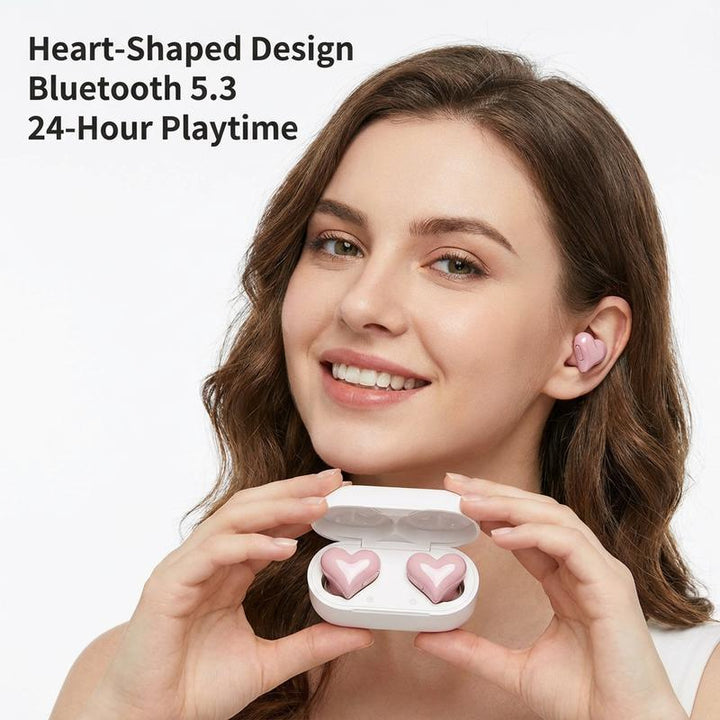 Heart-shaped Bluetooth earbuds, vibrant red design, great wireless audio gift item
