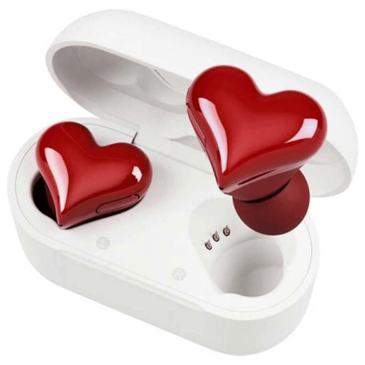Couple wearing red heart-shaped wireless earbuds, enjoying music on the go with Bluetooth audio