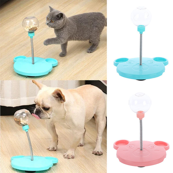 Overhead view of a blue pet treat dispenser toy filled with kibble for dogs