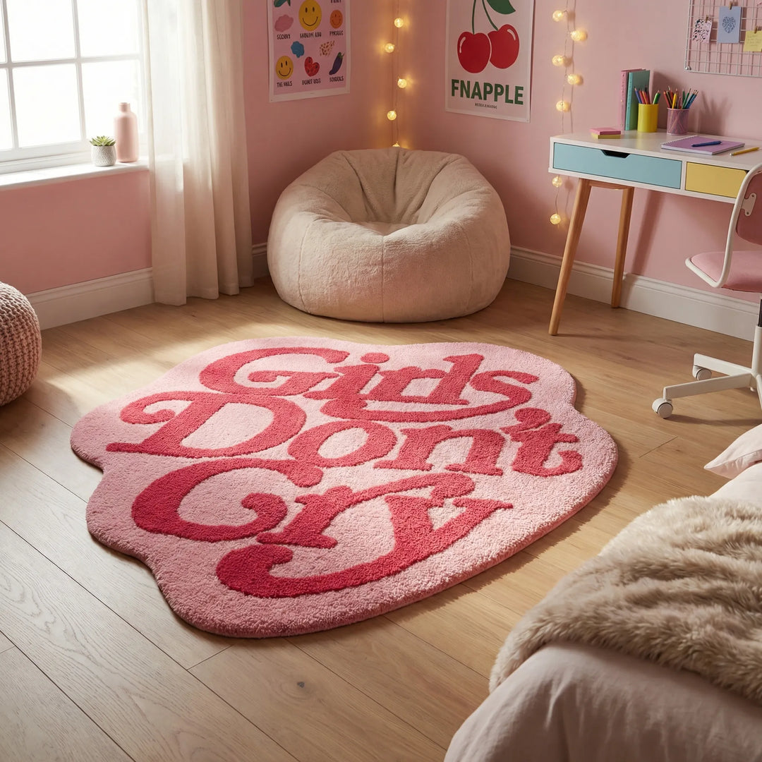 Pink irregular area rug with flowing wave design, a playful and cozy statement piece for kids or teen bedrooms.