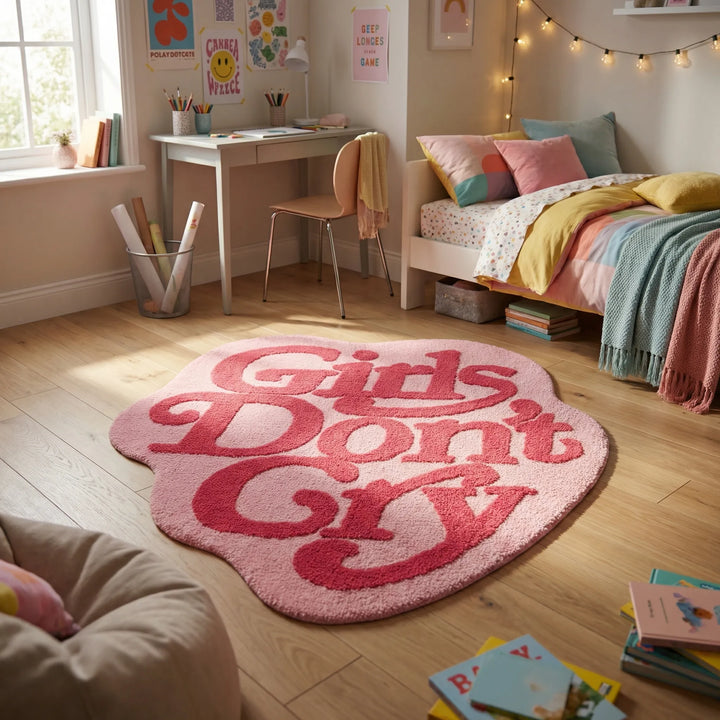 Playful pink irregular shaped rug with waves, a unique statement area rug for cozy bedroom or teen room decor.