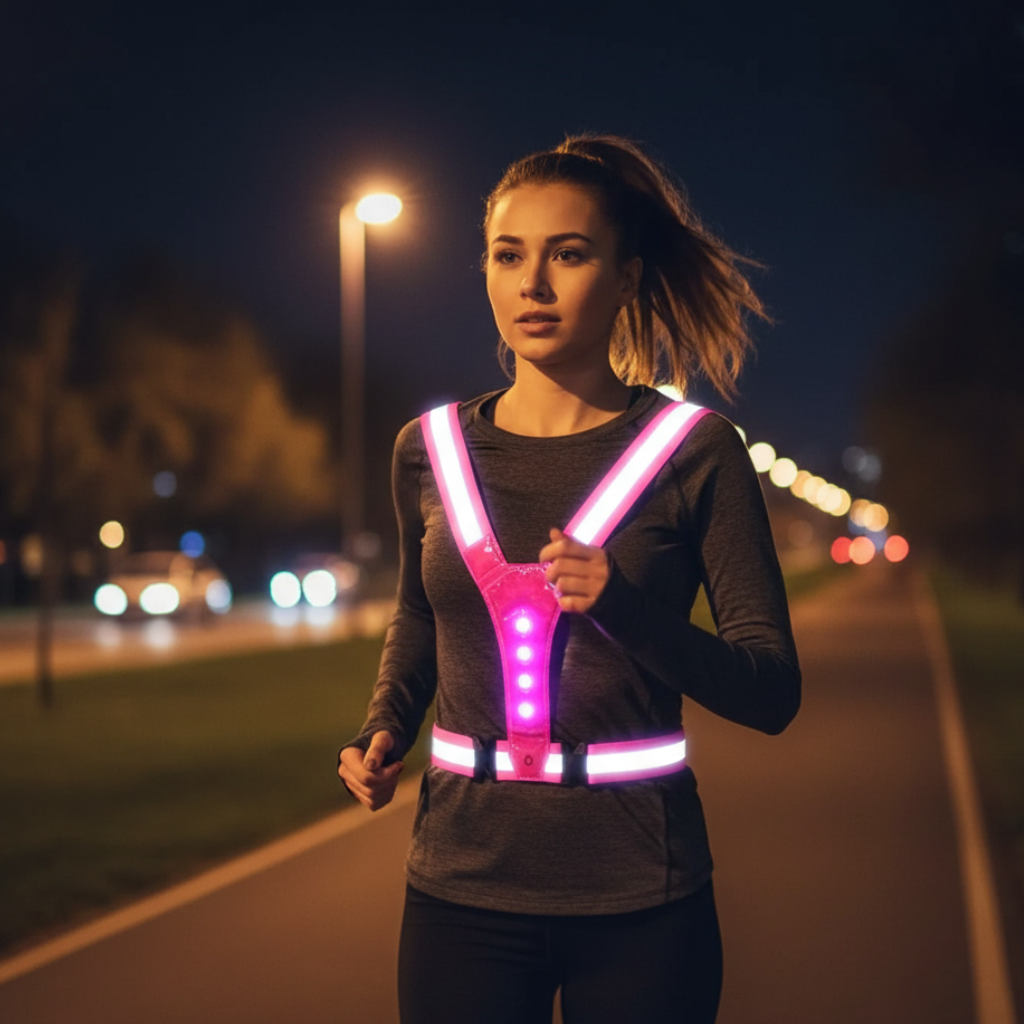 Pink LED reflective vest for unisex night running & cycling safety. Rechargeable for outdoor visibility.