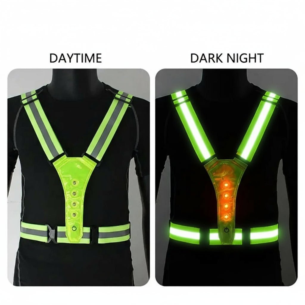 Orange LED reflective safety vest. Rechargeable, ensures high night visibility for outdoor gear & cycling.