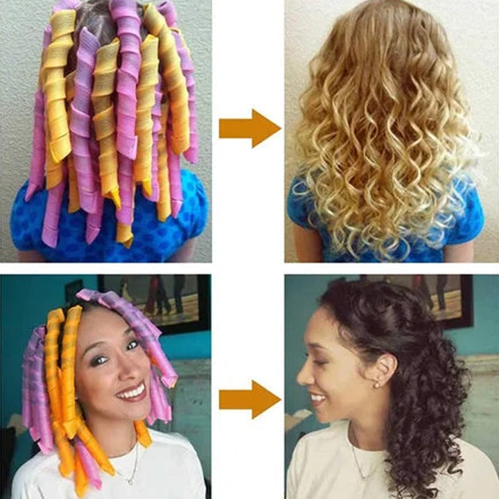 Pink & orange heatless curlers securely wrapped in long hair for overnight no heat styling