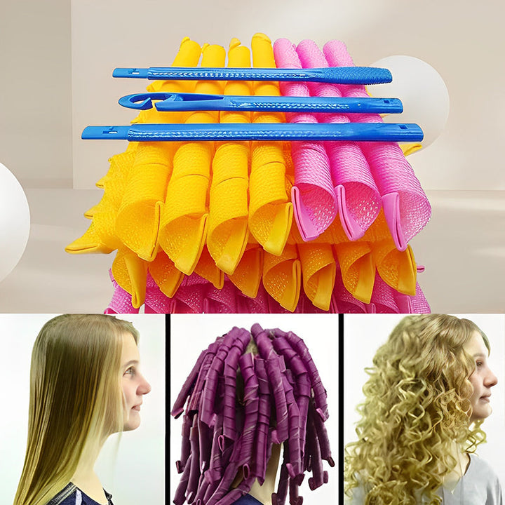 Different angles of vibrant pink & orange heatless hair curlers, beauty tools for bouncy waves