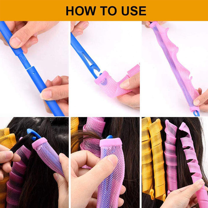 Hand holding a pink & orange heatless curler, illustrating its easy-to-use design for hair waves