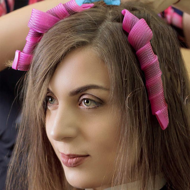 Packaging of the pink & orange heatless hair curlers, highlighting damage-free & bouncy results