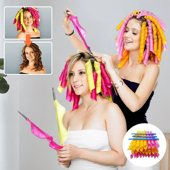 Heatless hair curler set, pink & orange, creating soft bouncy curls without heat, hair care