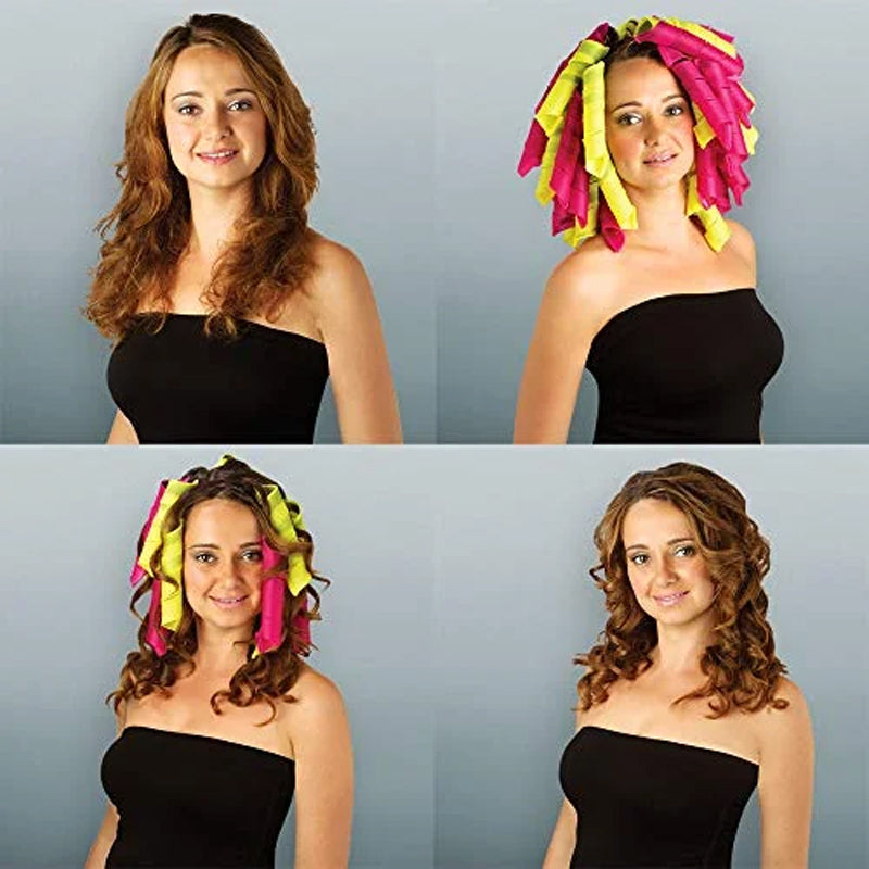 Woman with heatless hair curlers, pink & orange, sleeping peacefully for morning bouncy waves