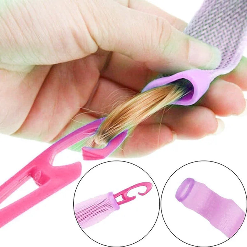 Close-up of pink & orange heatless curler in hair, demonstrating no heat styling technique