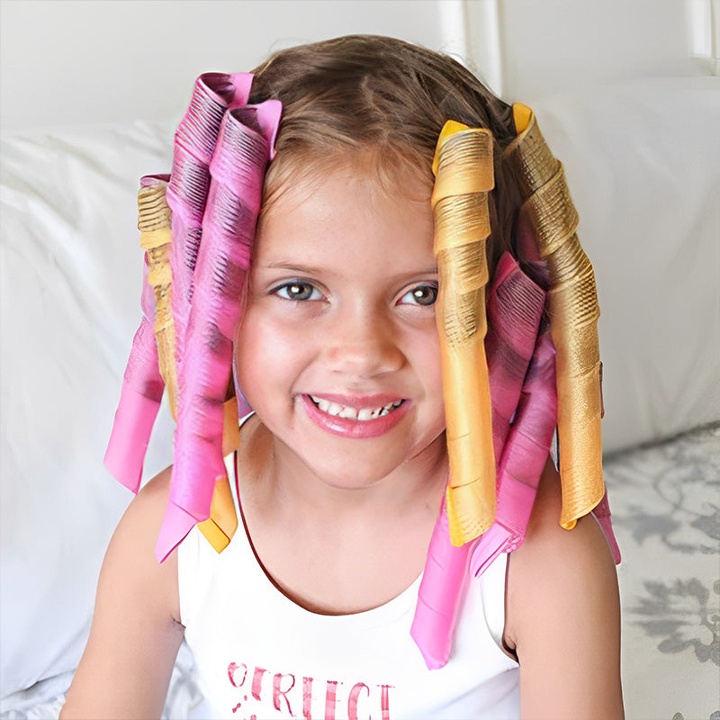Before and after using pink & orange heatless curlers: straight hair to defined bouncy waves