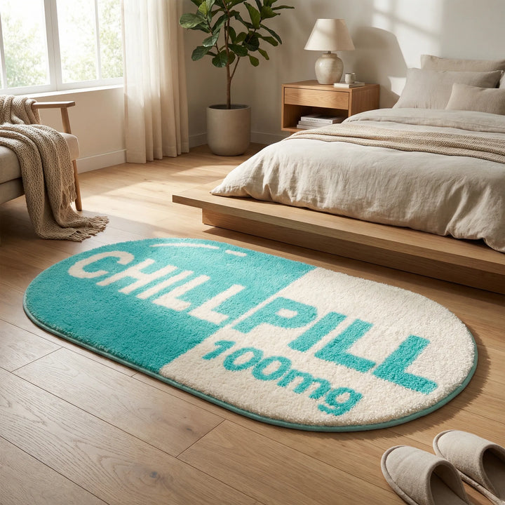Pink pill-shaped accent rug with playful waves, perfect for modern indoor decor.