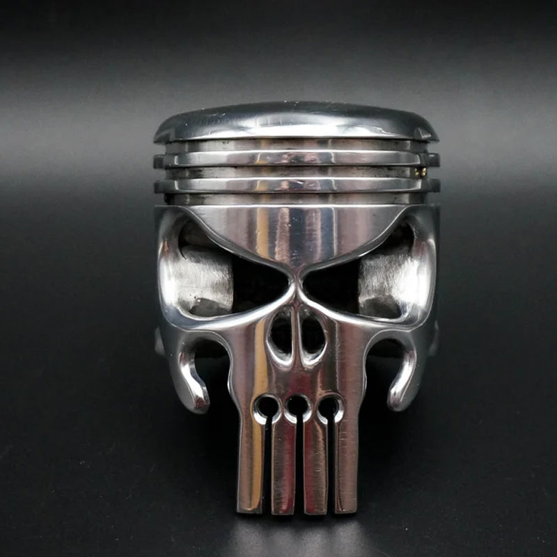 Metal Piston Art Skull Keychain, durable and unique accessory, handmade gift idea.