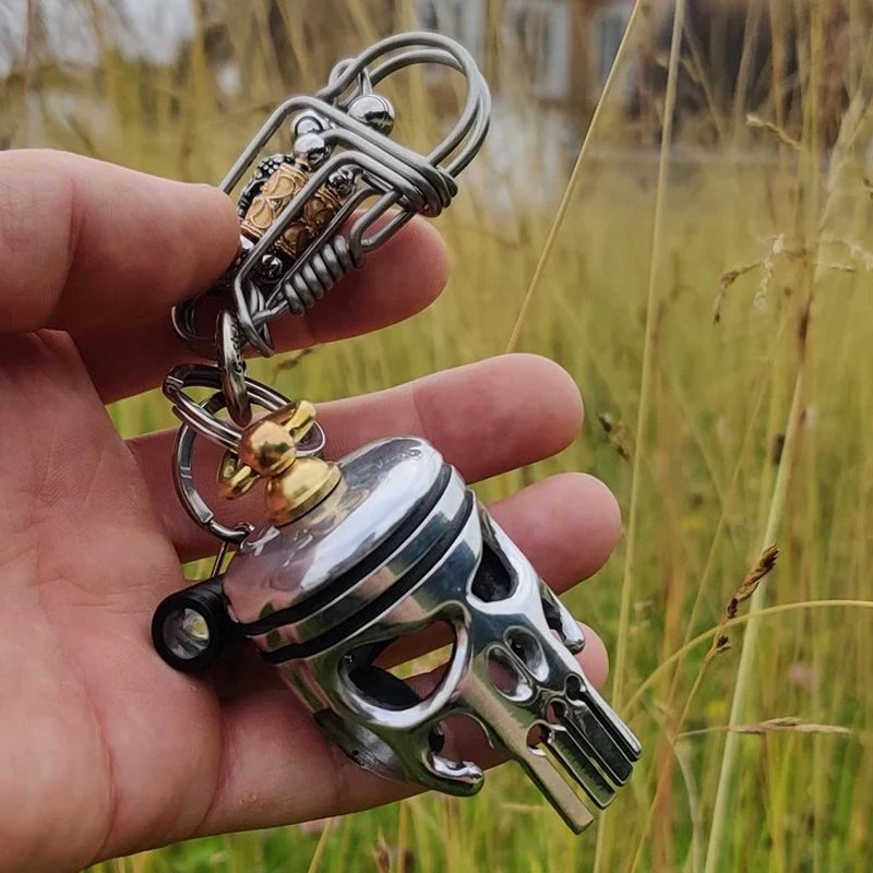 Piston Art Skull Keychain, unique motorcycle accessory, dual-use bottle opener gift.
