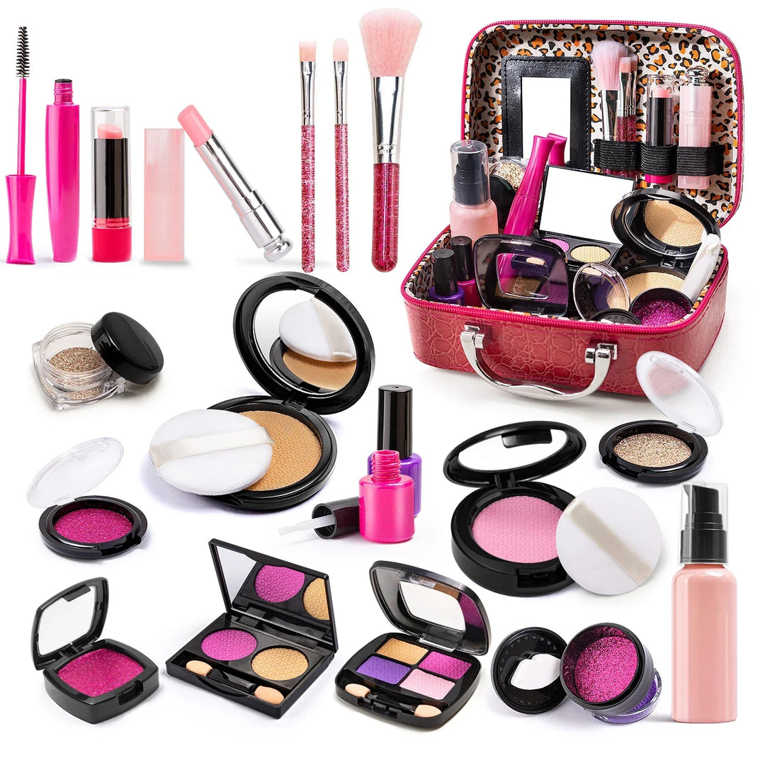 Playbella kids' pretend play makeup kit in a pink carry case for imaginative dress-up fun.