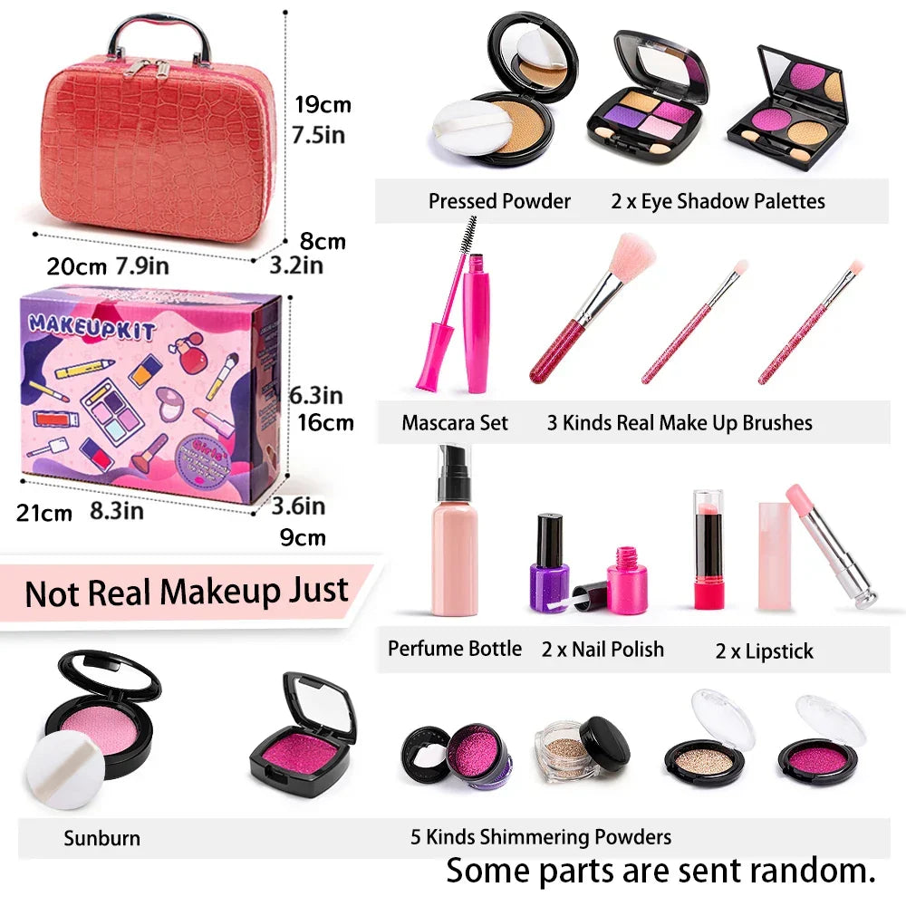 Opened Playbella pretend makeup kit for kids, showing colorful brushes, lipstick, and eyeshadow for toddlers.