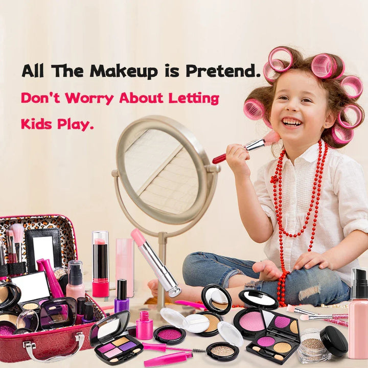 Toddler playing with Playbella pretend makeup kit, doing imaginative role play dress-up with toy cosmetics.