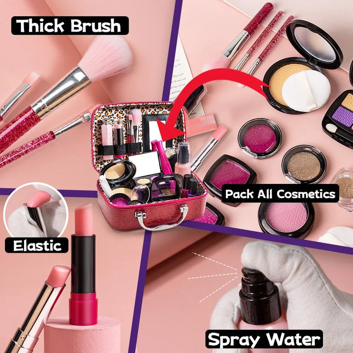 Close-up of Playbella pretend makeup set, featuring colorful play lipstick, blush, and brushes for kids' fun.