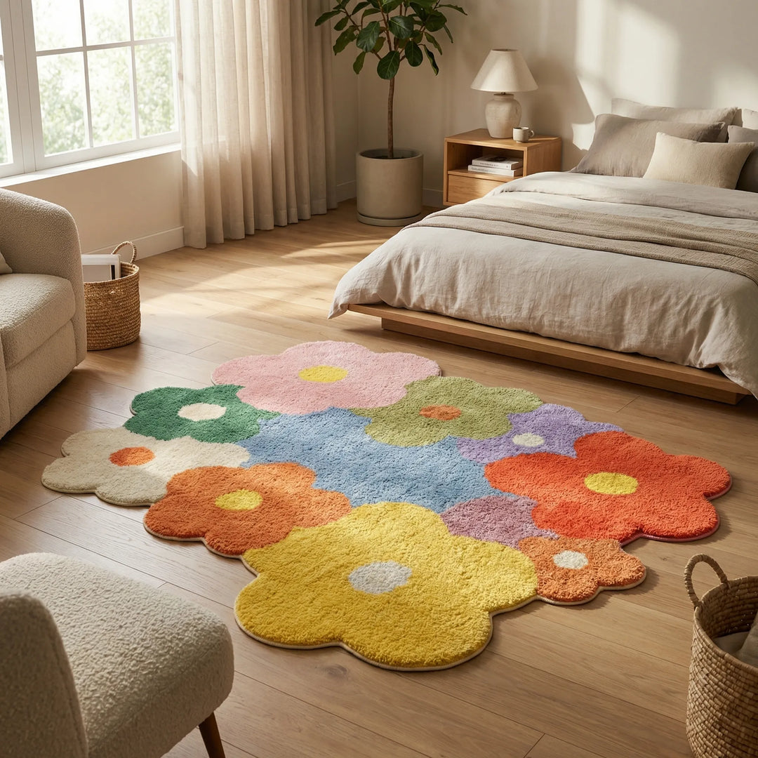 Playful Flowique floral area rug with whimsical waves, perfect for a modern living room or cozy bedroom decor.