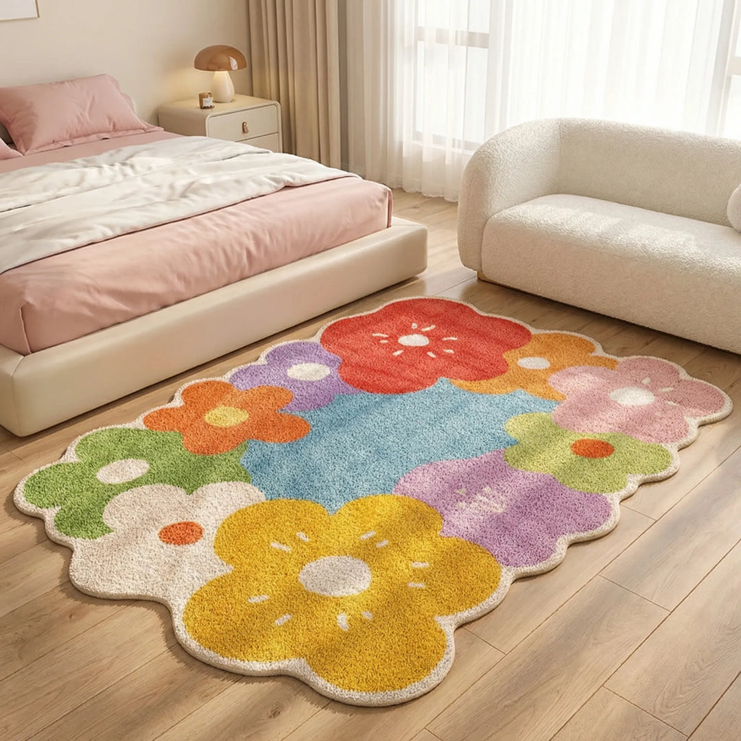 Whimsical Flowique floral area rug featuring playful waves, enhancing modern living room or stylish bedroom decor.