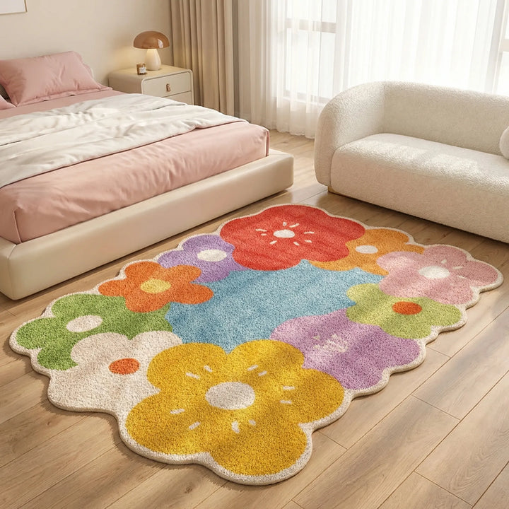Whimsical Flowique floral area rug featuring playful waves, enhancing modern living room or stylish bedroom decor.