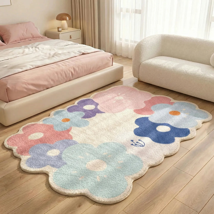 Colorful custom Flowique floral area rug with playful wavy design, ideal for a vibrant living room or bedroom.