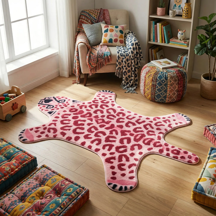 Playful leopard print accent rug with a wavy design. Perfect for kids' rooms or adding a whimsical touch to any home decor.