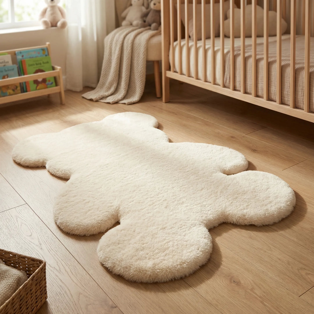 Plush bear-shaped area rug, perfect for cozy nursery or kids' playroom decor. Soft, fuzzy accent.