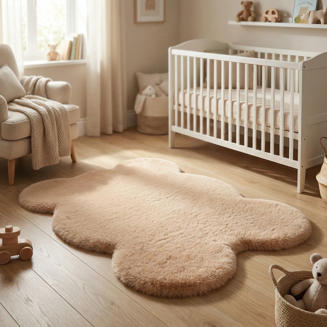 Plush beige bear-shaped kids' play rug. Soft nursery decor mat with Flowique waves for child room.