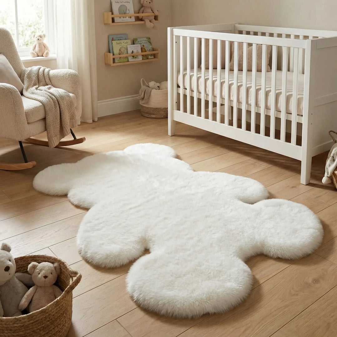 Cute white plush teddy bear kids' area rug. Soft play mat, perfect nursery decor for a child's cozy room.
