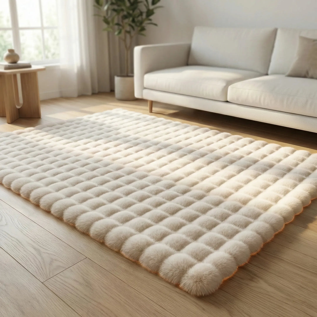 Soft plush bubble flower area rug, unique wave pattern, memory foam comfort, adds modern style to home decor.