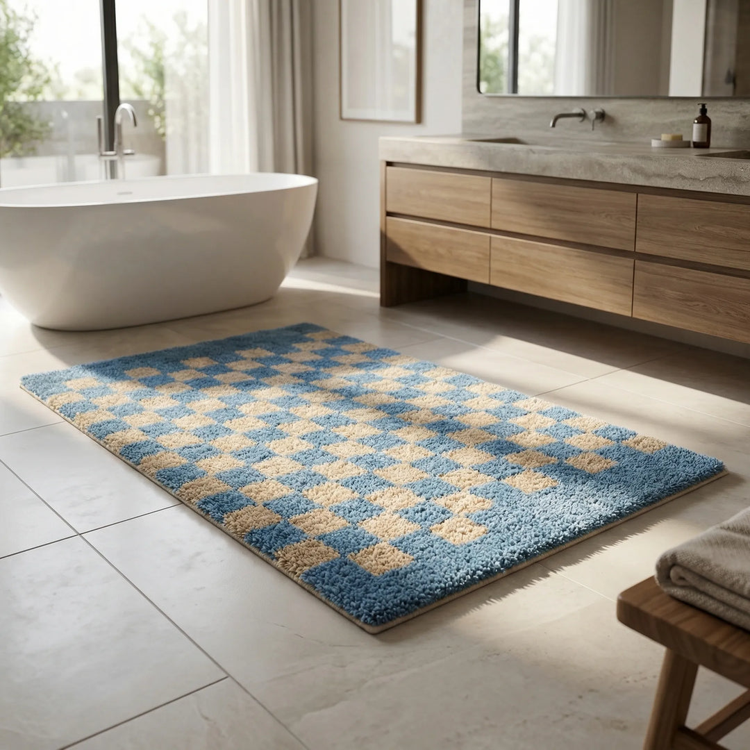 Plush checkered bath mat for cozy bathroom floors, soft and absorbent.